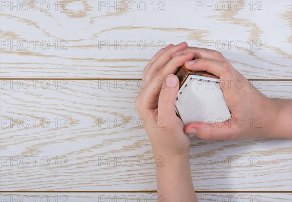 Little model housein hand on a parquet background