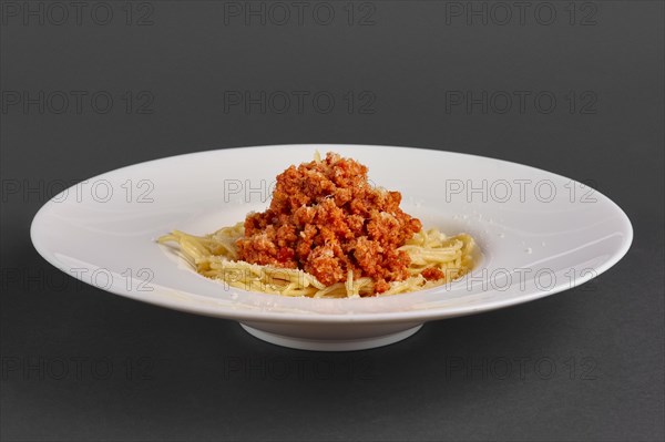Side view of plate with spaghetti with fried ground-meat