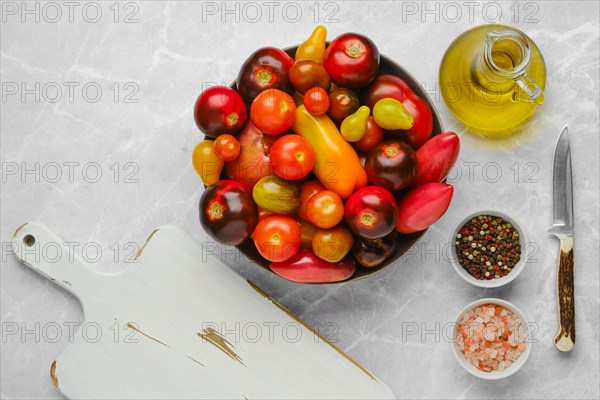 Top view of plate with colourful tomatoes