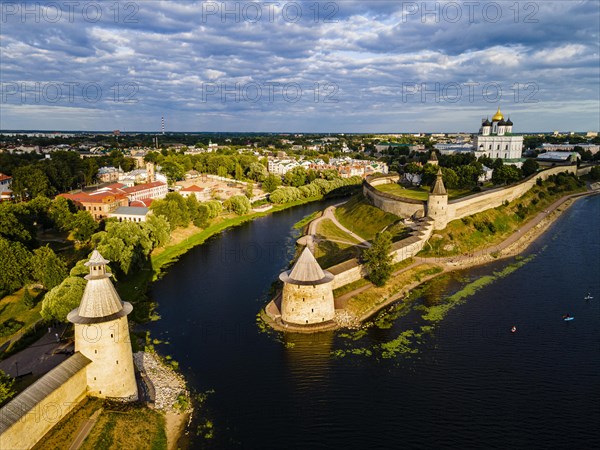 Aerial of the kremlin of the Unesco site Pskov