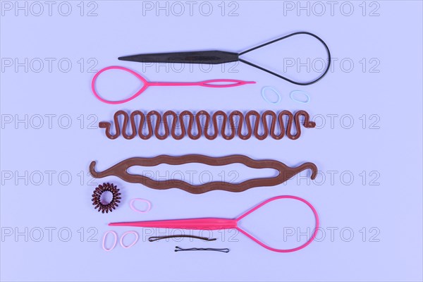 Various hair styling tools like bun maker