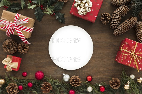 Plate with gift boxes table. Resolution and high quality beautiful photo