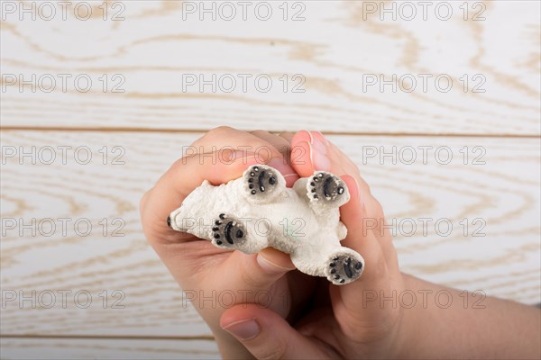 Hand holding a Polar bear model on a wooden background