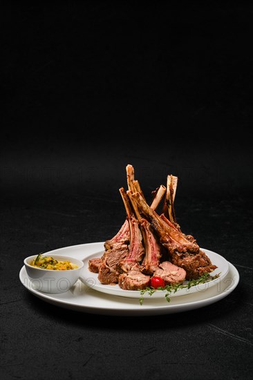 Grilled rack of lamb on a plate with spicy sauce