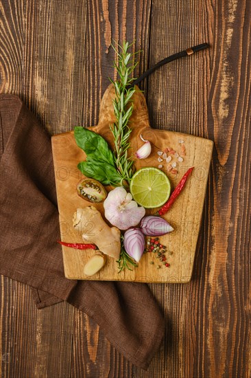 Overhead vertical composition of different spice and seasonings for cooking