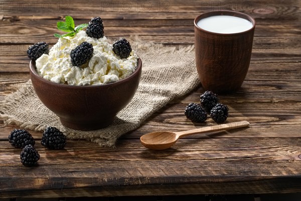 Dairy product cottage cheese and milk in brown ceramic bowl with spoon on wooden table