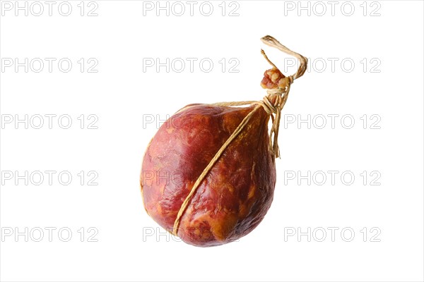 Top view of smoked dried pork and beef sausage isolated on white background