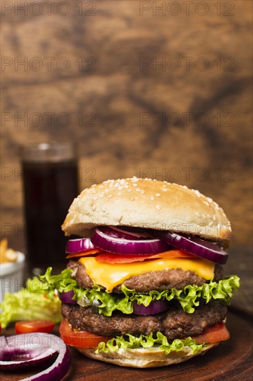 Close up burger wooden tray