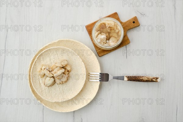 Top view of canned mackerel on a plate