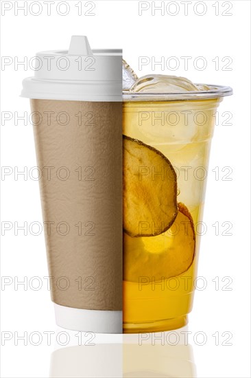 Concept of replacing plastic take away cup with cardboard one isolated on white background