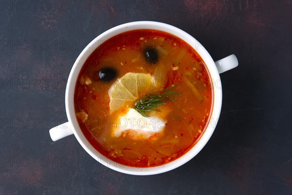 Portion of traditional ucrainian solyanka soup