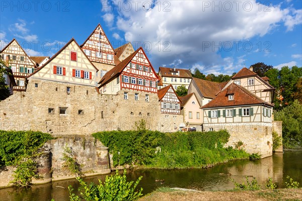 Half-timbered houses from the Middle Ages Town on the Kocher River in Schwaebisch Hall