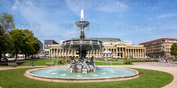 Schlossplatz with fountain travelling Panorama City in Stuttgart