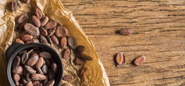 Flat lay cocoa beans pot