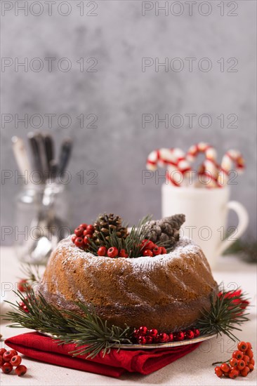 Front view christmas cake with pine cones red berries