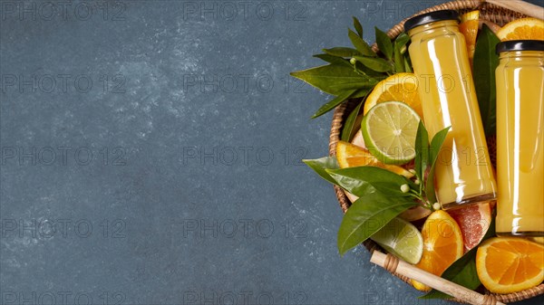 Top view crate with oranges juice with copy space. Resolution and high quality beautiful photo