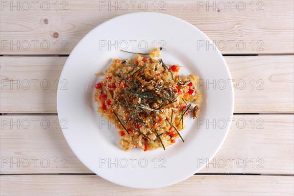 Top view of pilaf with meat and bell pepper