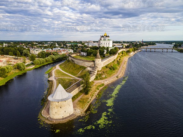 Aerial of the kremlin of the Unesco site Pskov