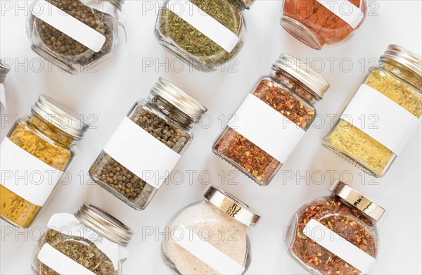 Top view labelled jars arrangement. Resolution and high quality beautiful photo