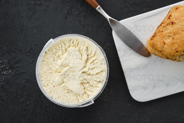Top view of country style cottage cheese in a pot