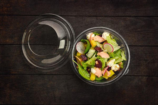 Top view of salad with salmon