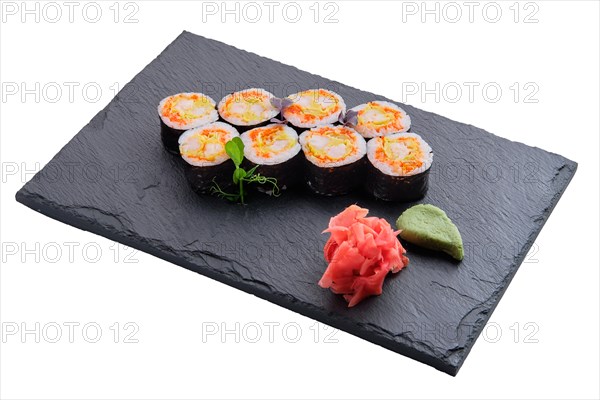 Set of rolls with omelette and shrimp isolated on white background