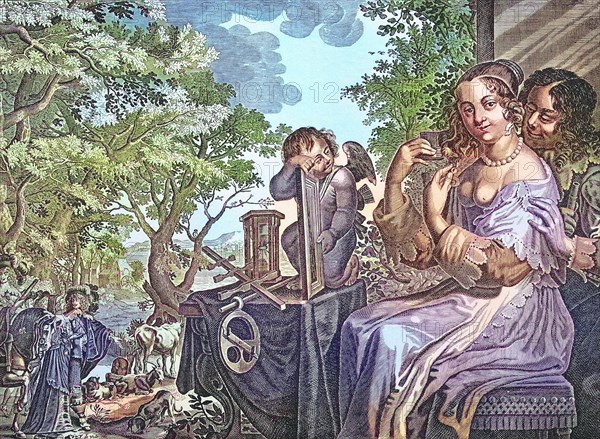 Lover approaches a lady combing her hair