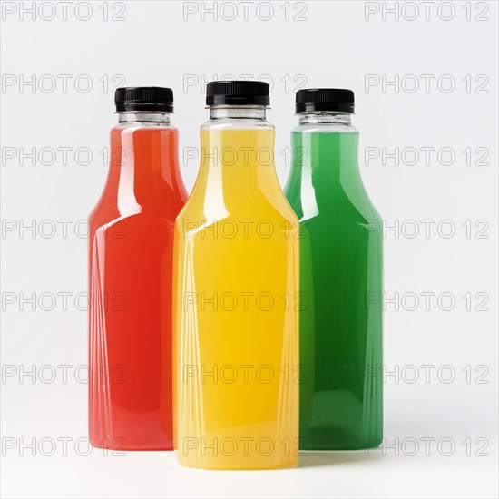 Front view three juice bottles with cap