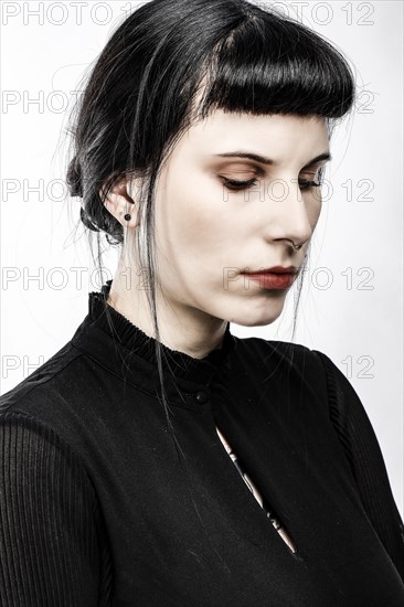 Portrait Young Woman with Black Hair and Red Lips