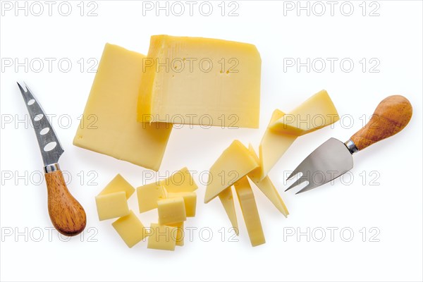 Top view of two kind of semi-soft cheese isolated on white background