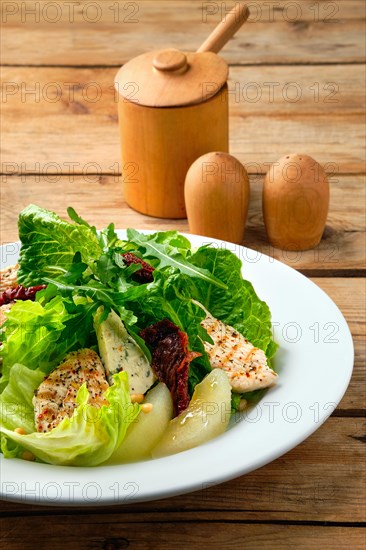 Close up view of salad with roasted turkey