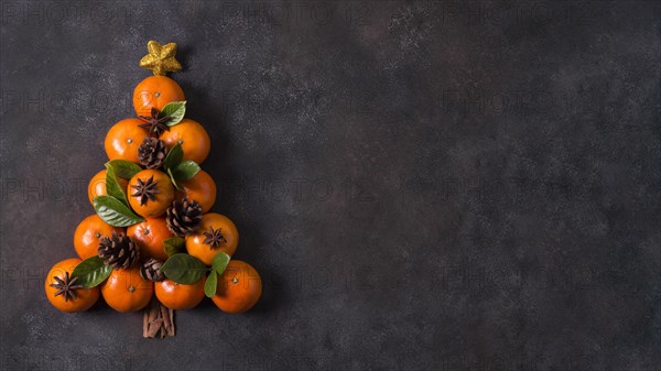 Top view of christmas tree shape made of tangerines and pine cones with copy space. Resolution and high quality beautiful photo