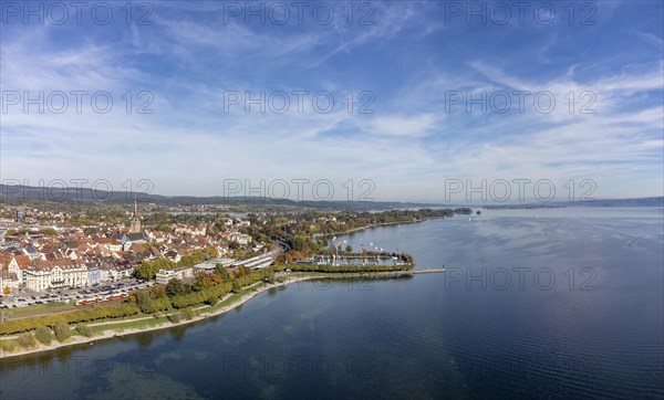 Aerial view of the town of Radolfzell on Lake Constance with the Mettnau peninsula