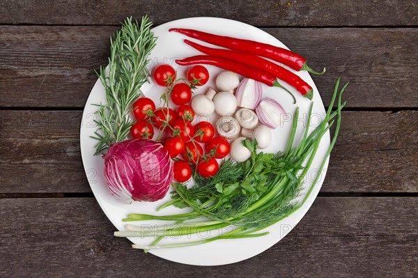 Big white round plate with fresh rosemary