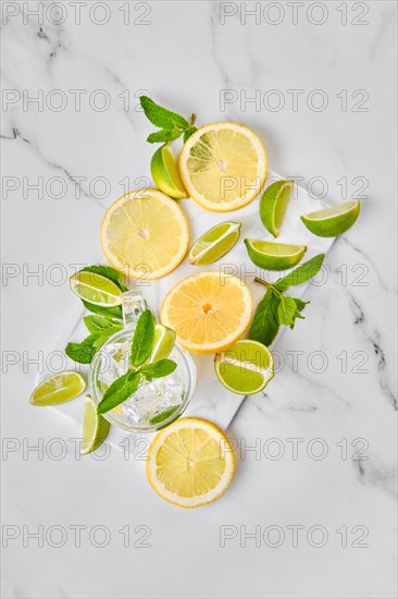 Overhead view of glass with lemon