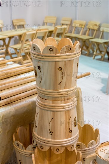 Set of buckets made of wood in a market place