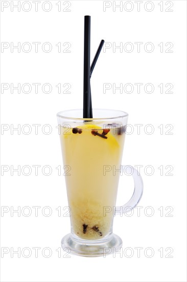 Hot lemon with ginger tea isolated on white