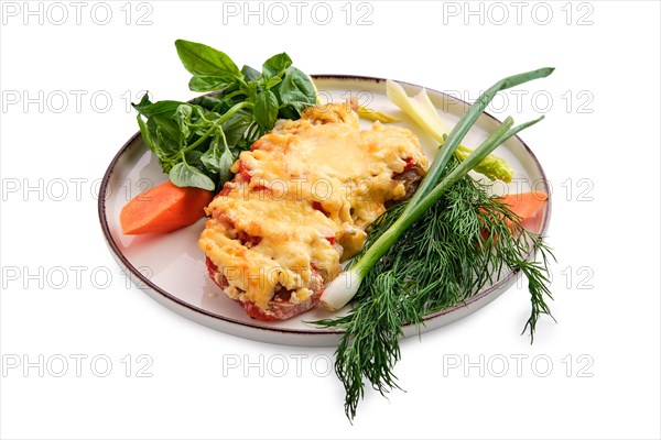 Chopped meat with tomato covered with melted cheese isolated on white background