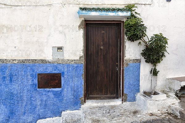 Brown door in blue and white wall