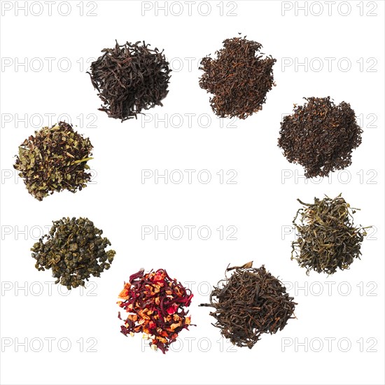 Heap of dried herbal tea leaves isolated on white. Top view