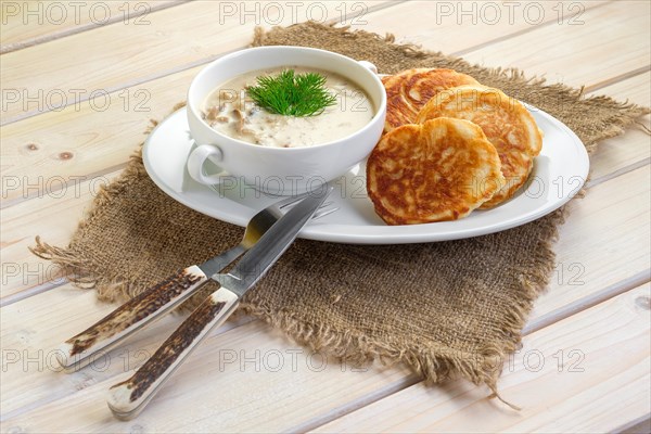 Fritters with mushroom sauce. Traditional Slavic pancakes with fat mushroom and flour sauce