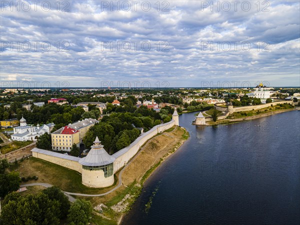 Aerial of the kremlin of the Unesco site Pskov
