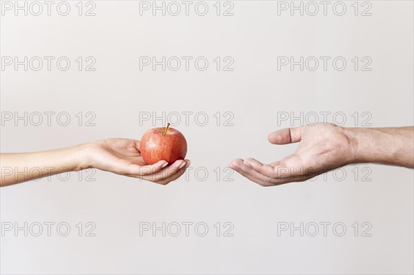 Hand giving apple fruit needy person