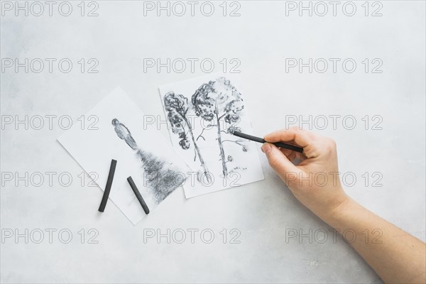 Person s hand sketching beautiful drawing with charcoal stick white surface