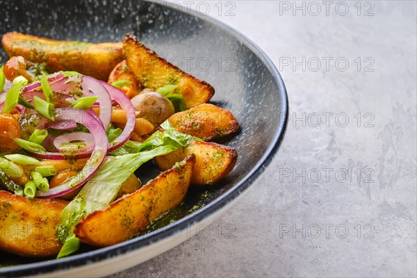 Closeup view of fried potato wedges with champignons dressed with red and white onion