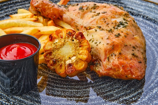 Close up view of baked chicken thigh with french fries