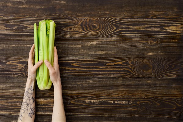 Overhead view of fresh celery in hand over wooden background