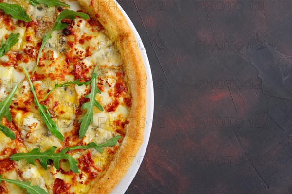 Top view of four cheeses delicious pizza with thick crust