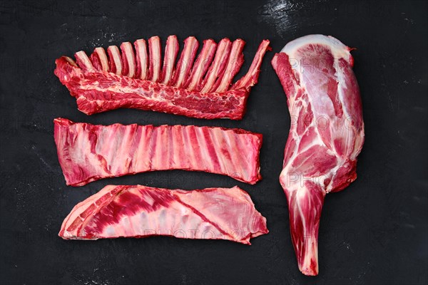 Assortment of fresh raw lamb cuts on dark background