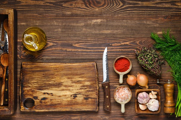 Culinary concept. Overhead view of kitchen table with spices